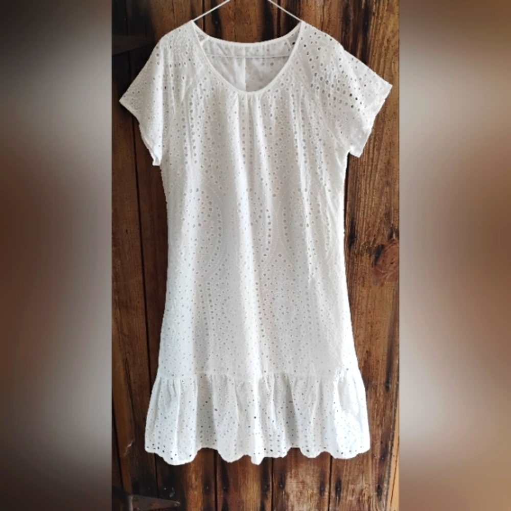 Vintage White Eyelet Laced Dress Sz L Short Sleeve Babydoll Cotton